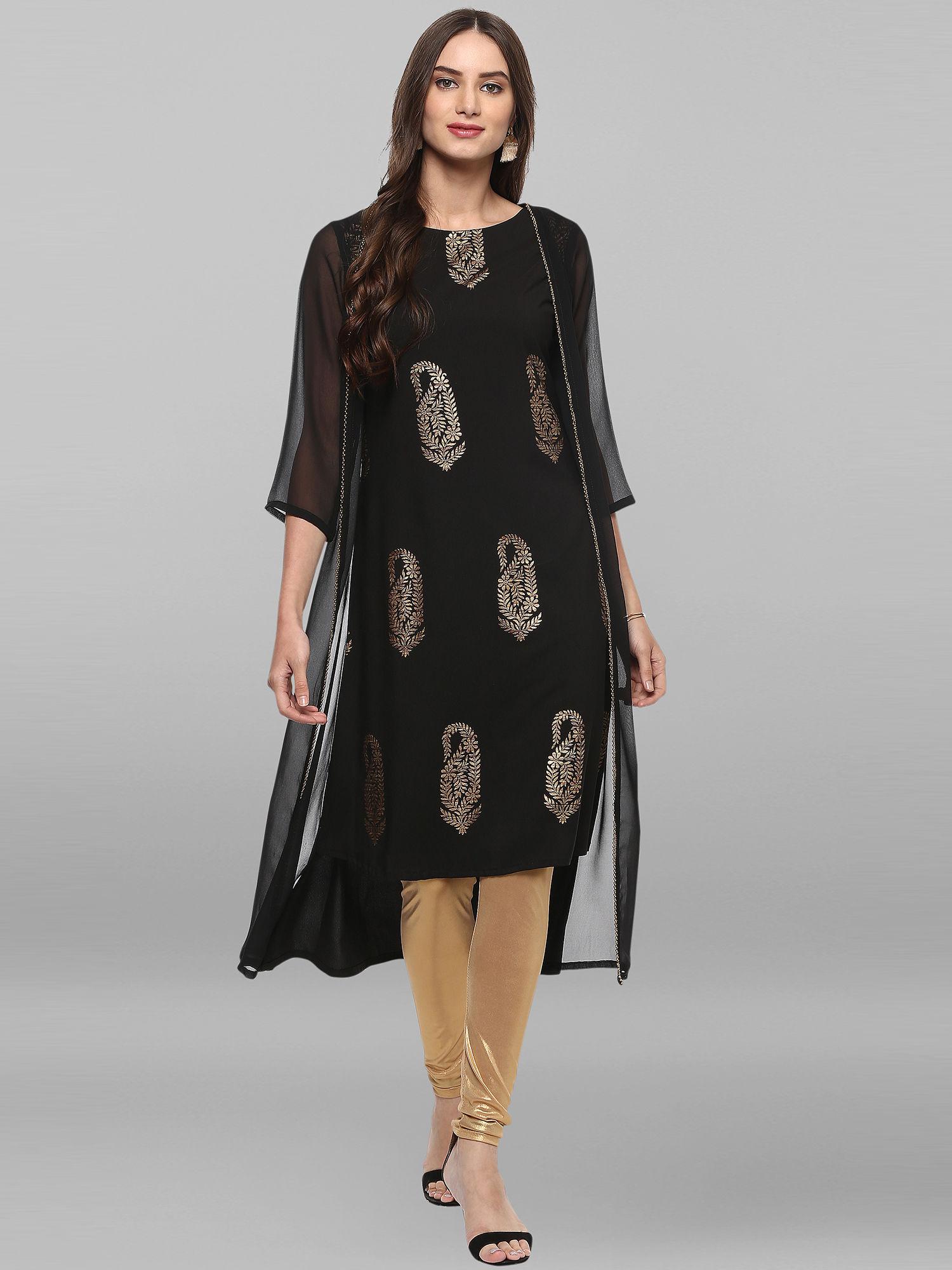 women's black poly crepe jacket style kurta