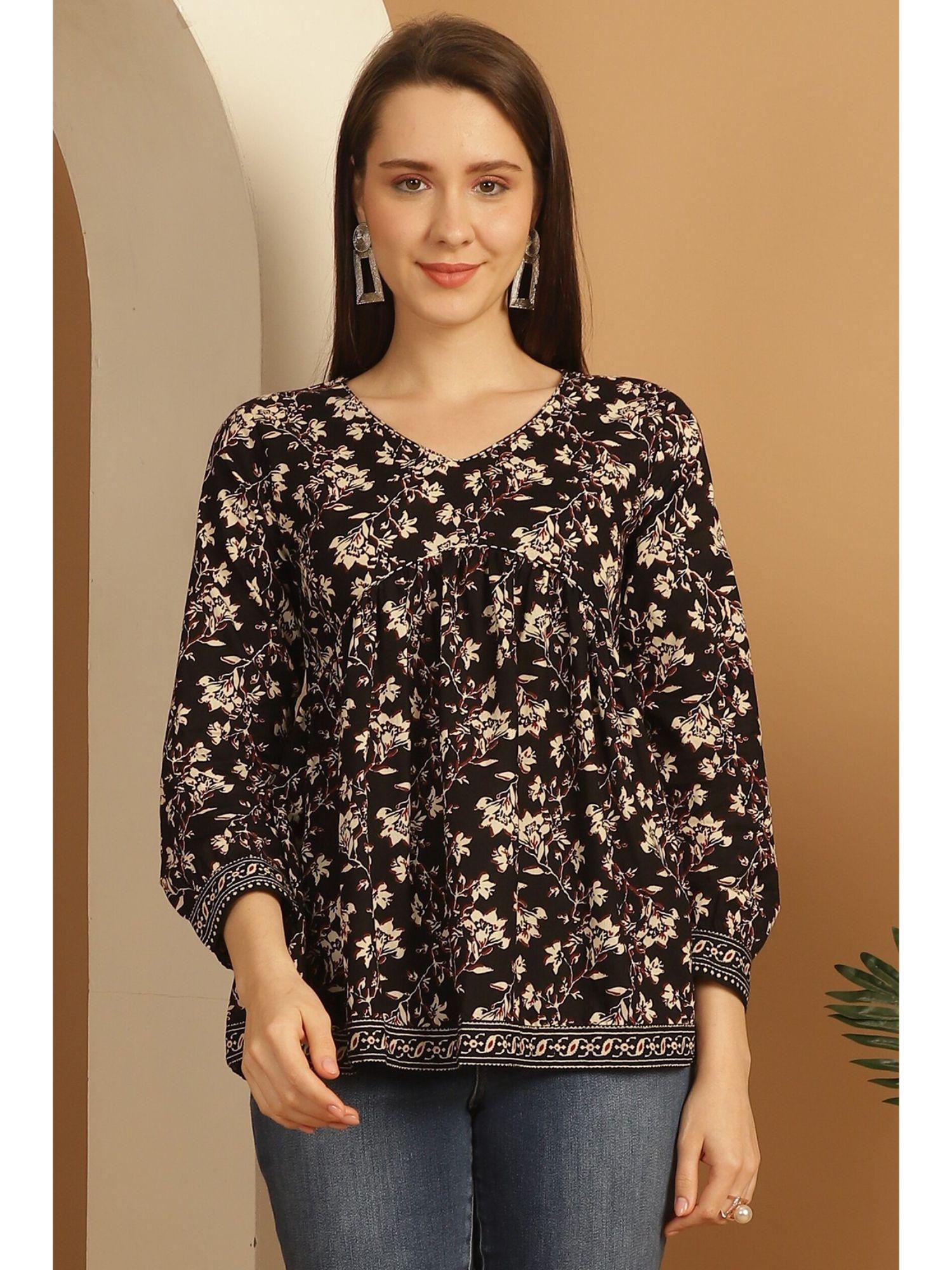 women's black pure cotton floral printed short tunic