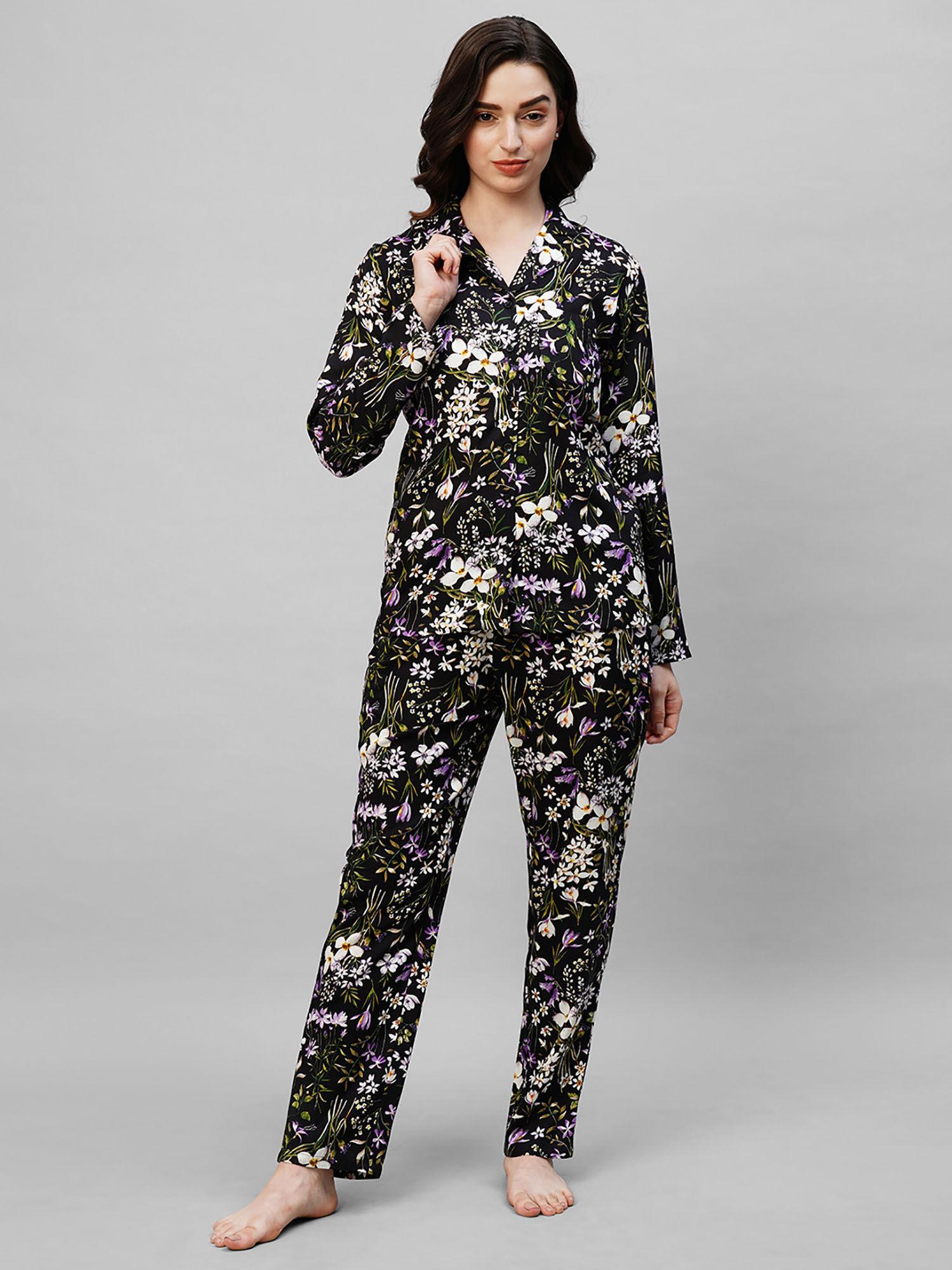 women's black purple floral print night suit (set of 2)