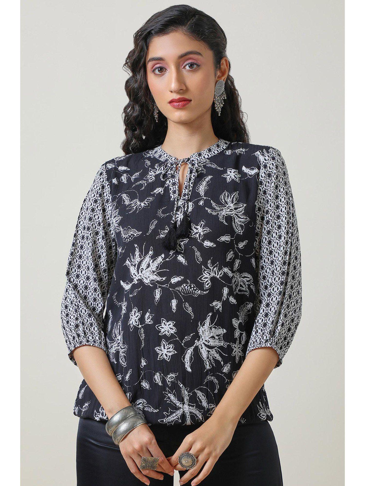 women's black rayon crepe botanical print blouson top