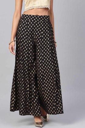 women's black rayon gold foil print flared palazzo - black