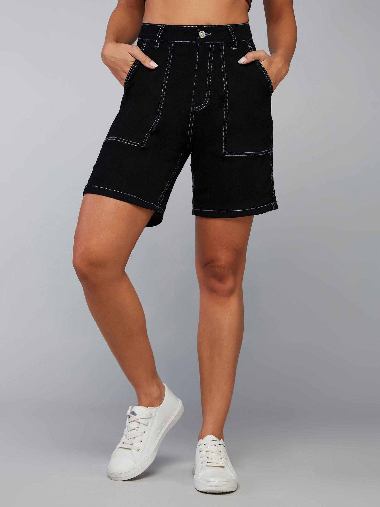 women's black regular high rise above knee stretchable denim shorts