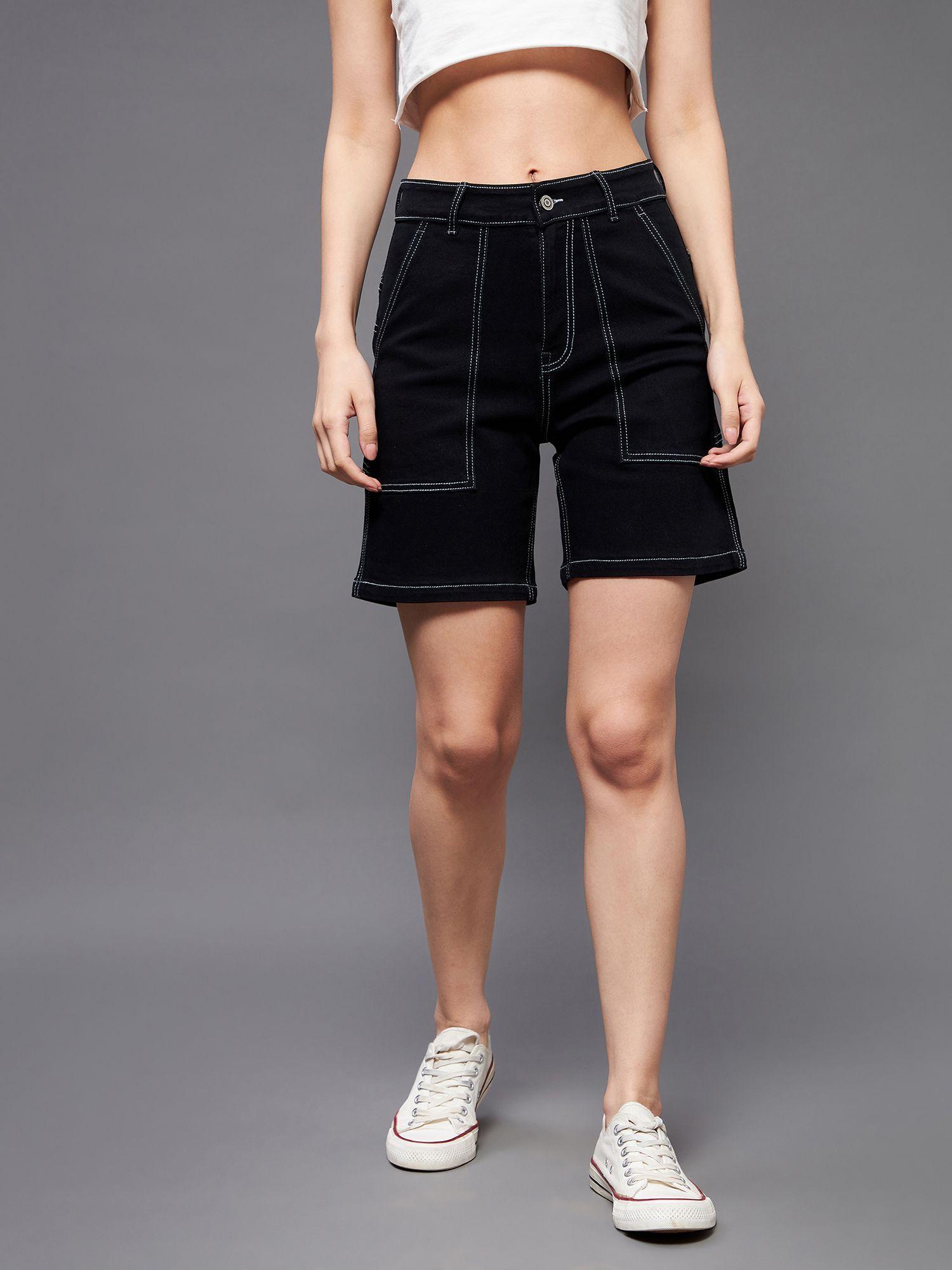 women's black regular high rise above knee stretchable denim shorts