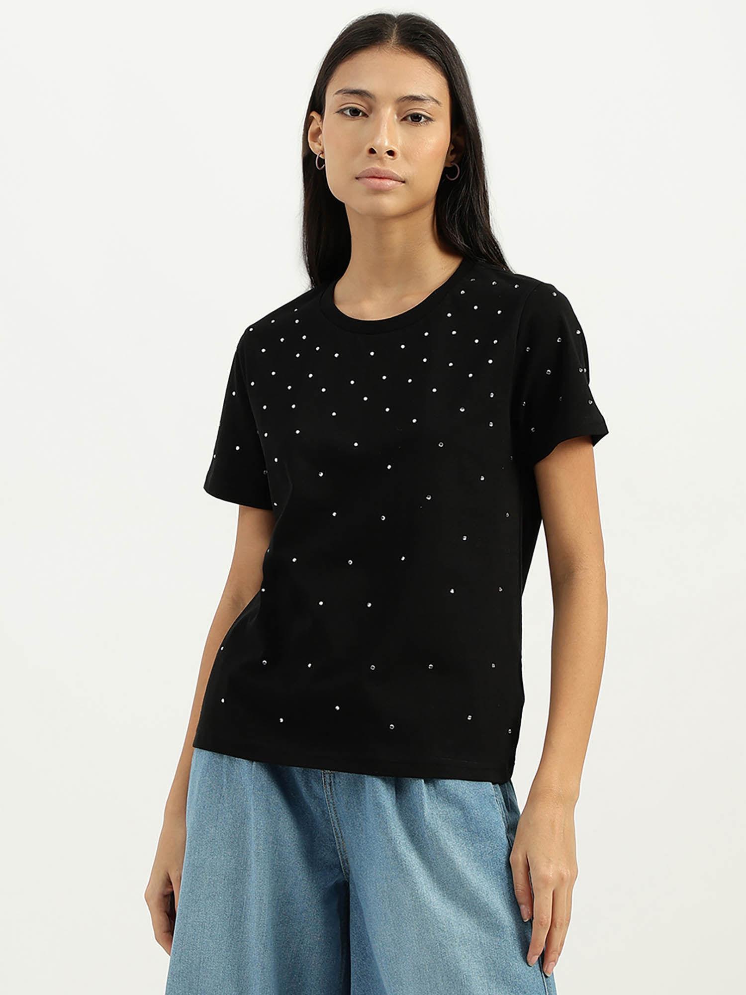 women's black round neck embellished tshirt