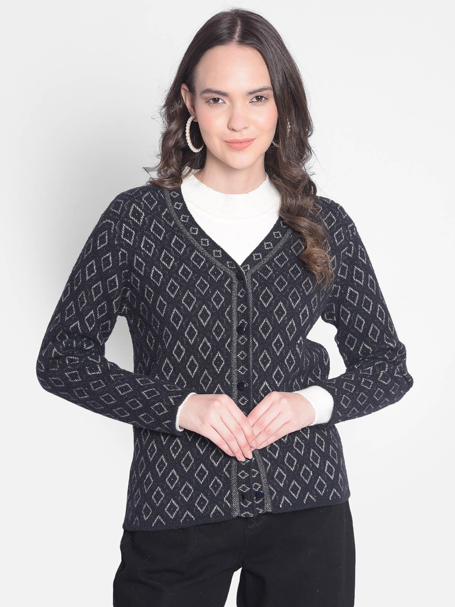 women's black self design cardigan