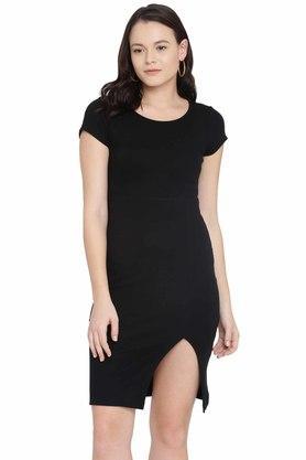 women's black side slit ribbed dress - black