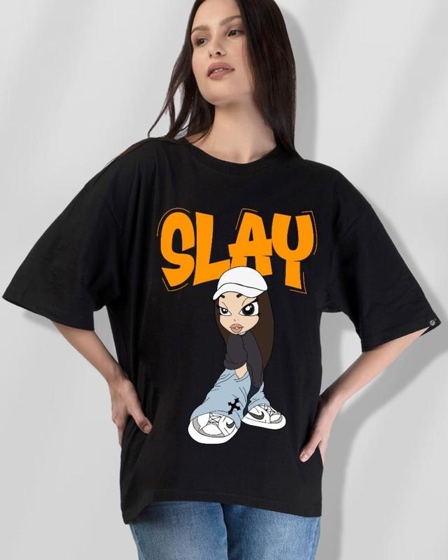 women's black slay graphic printed oversized t-shirt
