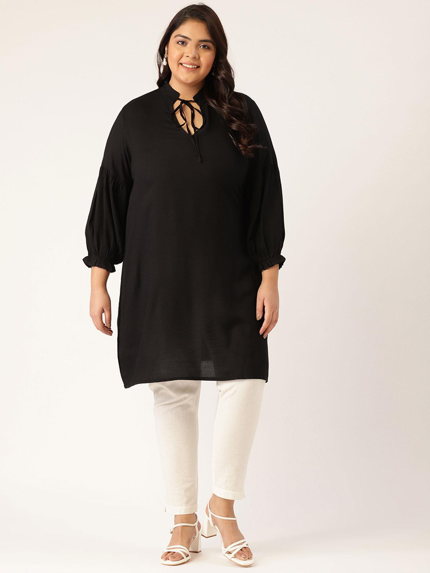 women's black solid color notch neck tunic