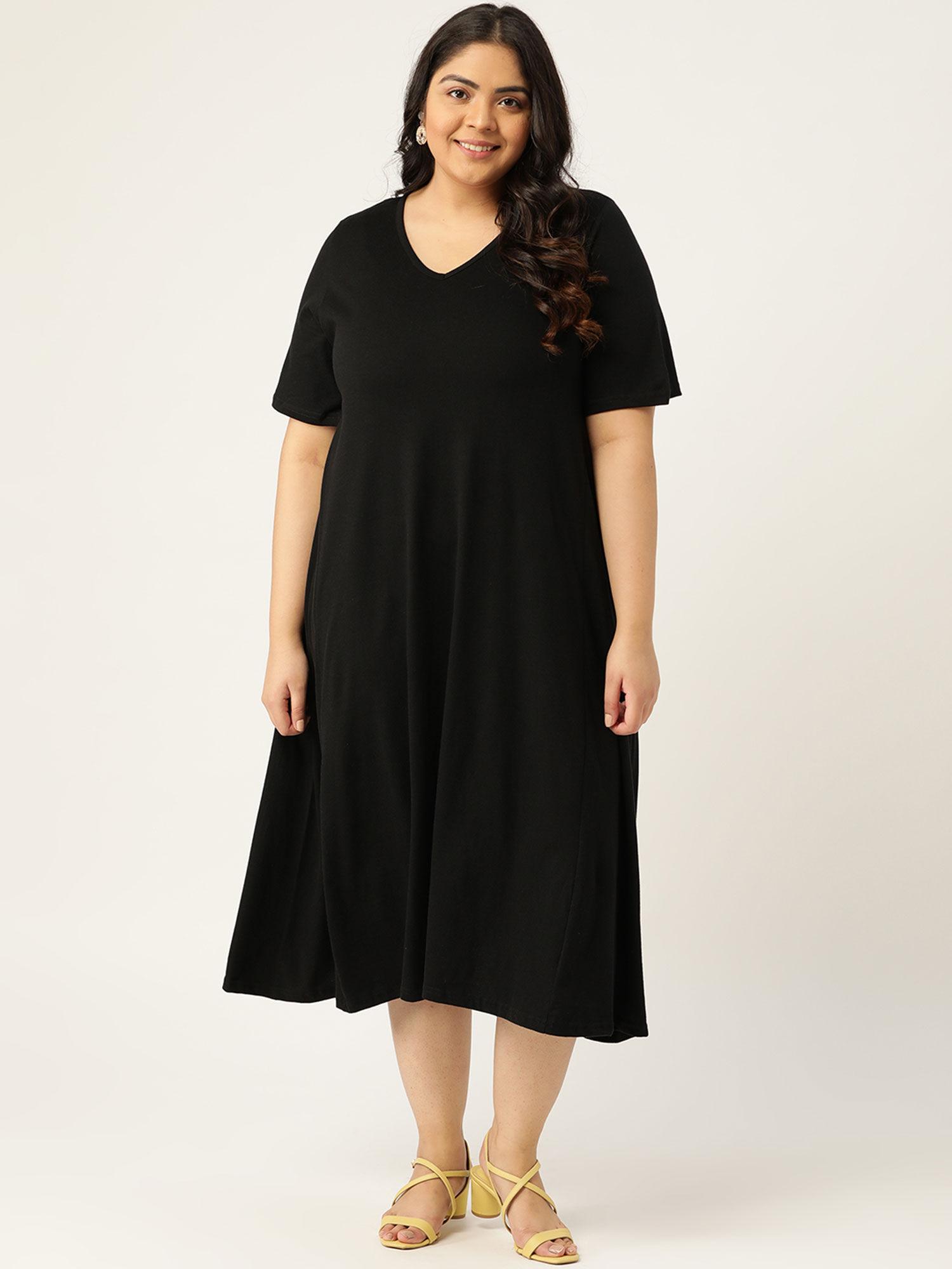 women's black solid color v-neck cotton a-line dress