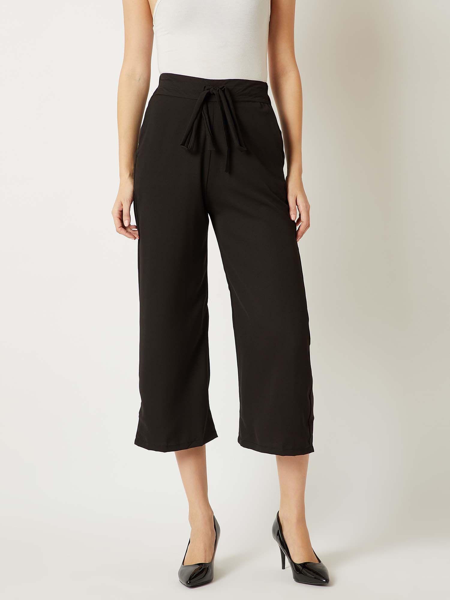 women's black solid straight fit belted culottes