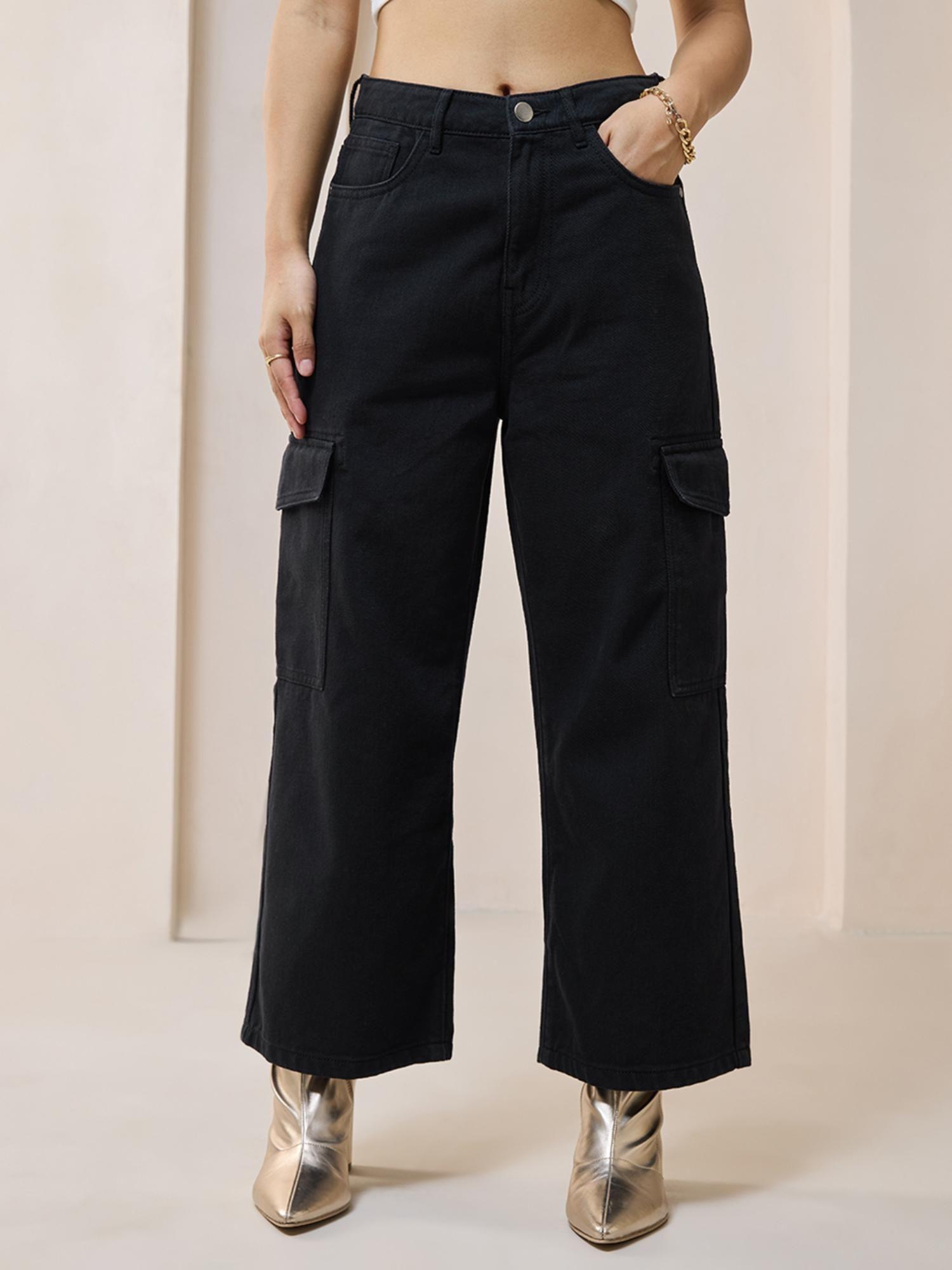 women's black straight fit cropped cargo jeans