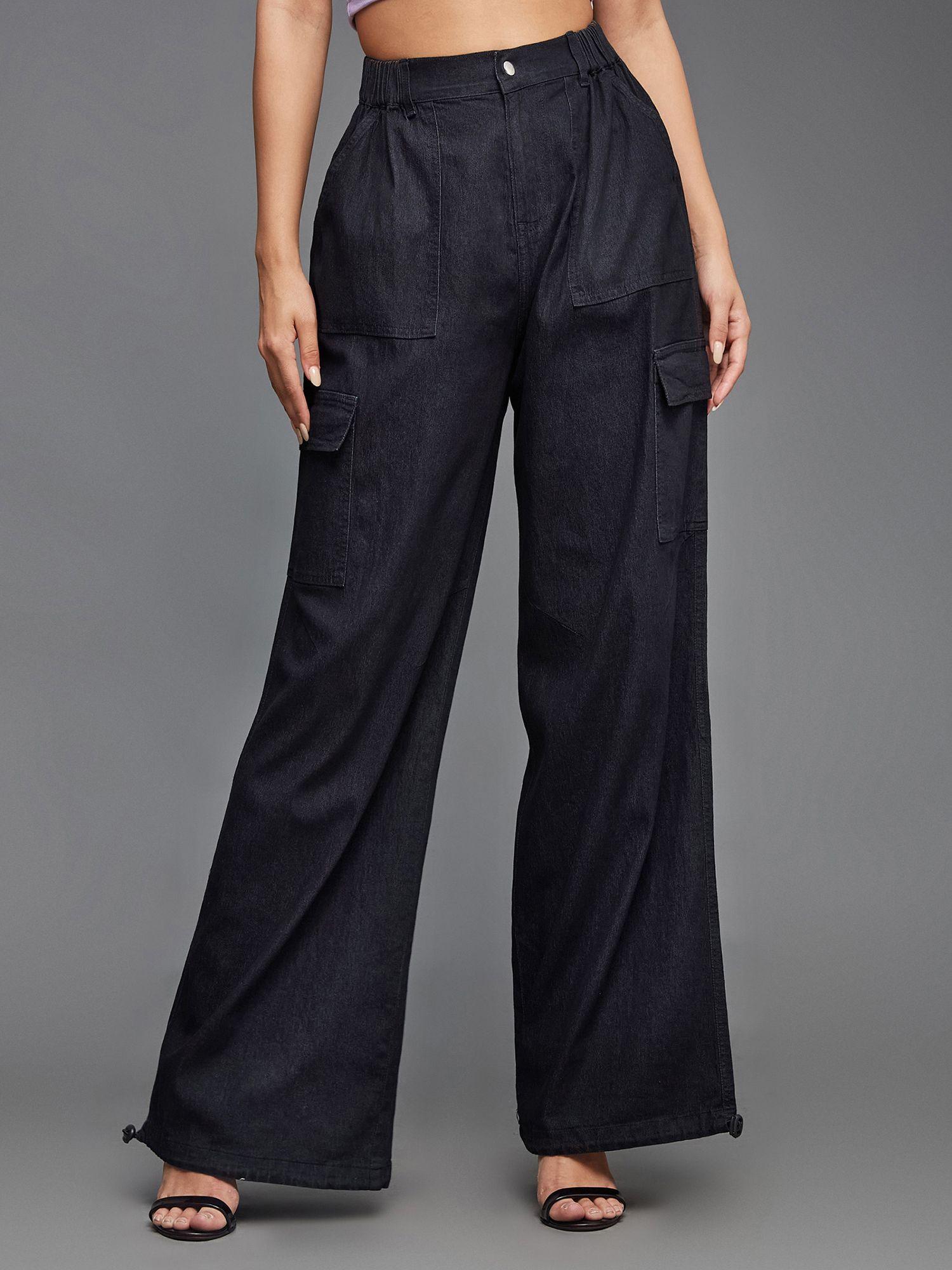 women's black straight-fit high-rise light weight denim parachute pants