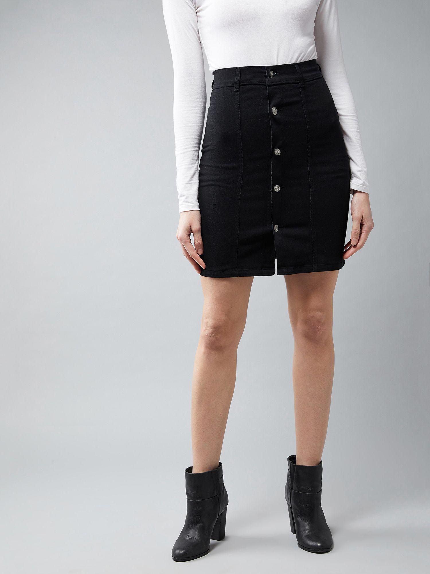 women's black stretchable solid bodycon mini denim skirt