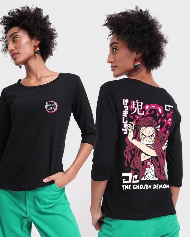women's black the chosen demon graphic printed 3/4 sleeve slim fit t-shirt