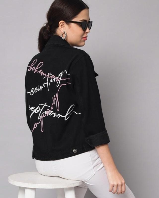 women's black typography denim jacket