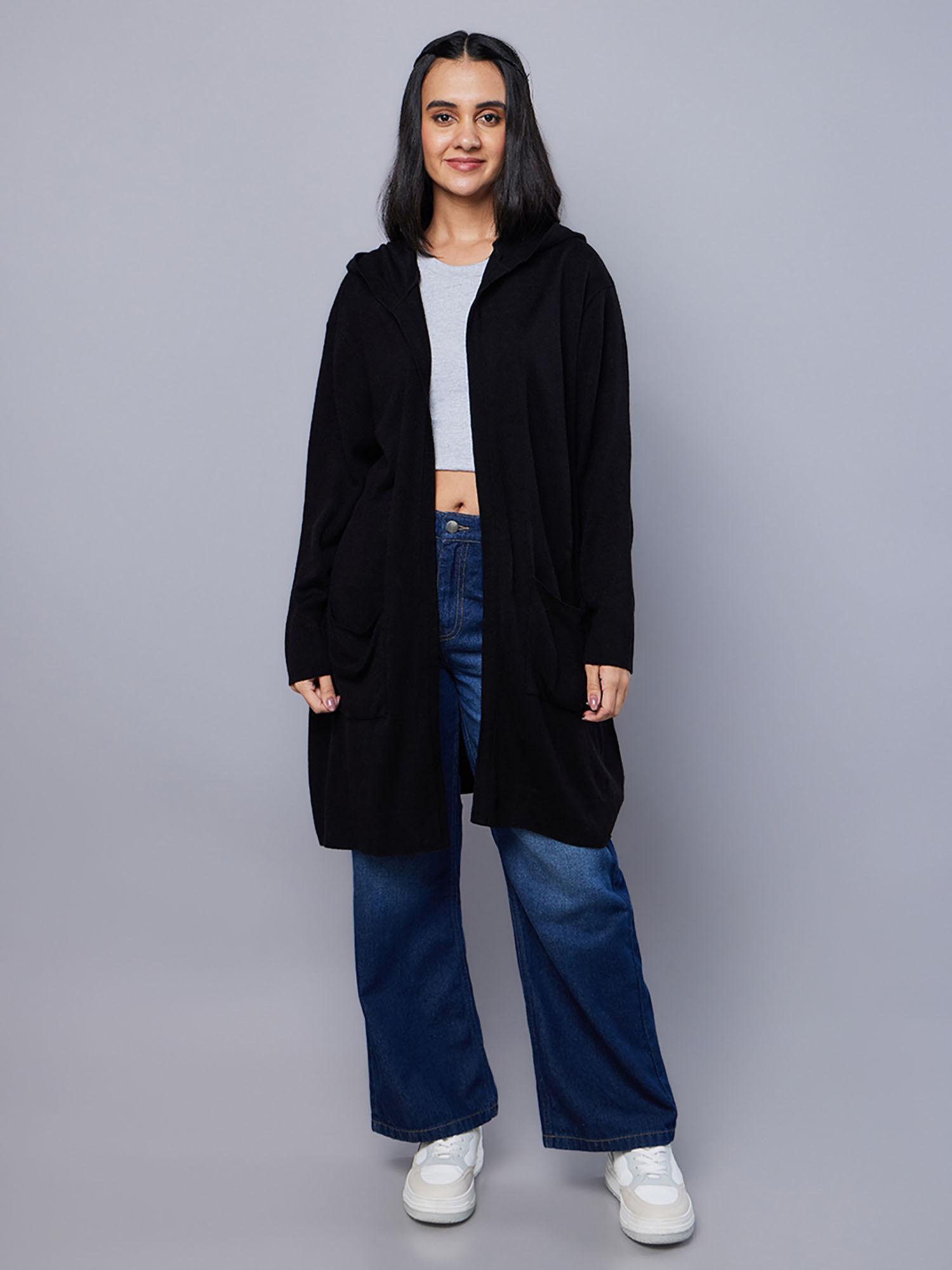 women's black typography super loose fit hooded flatknit winter coat