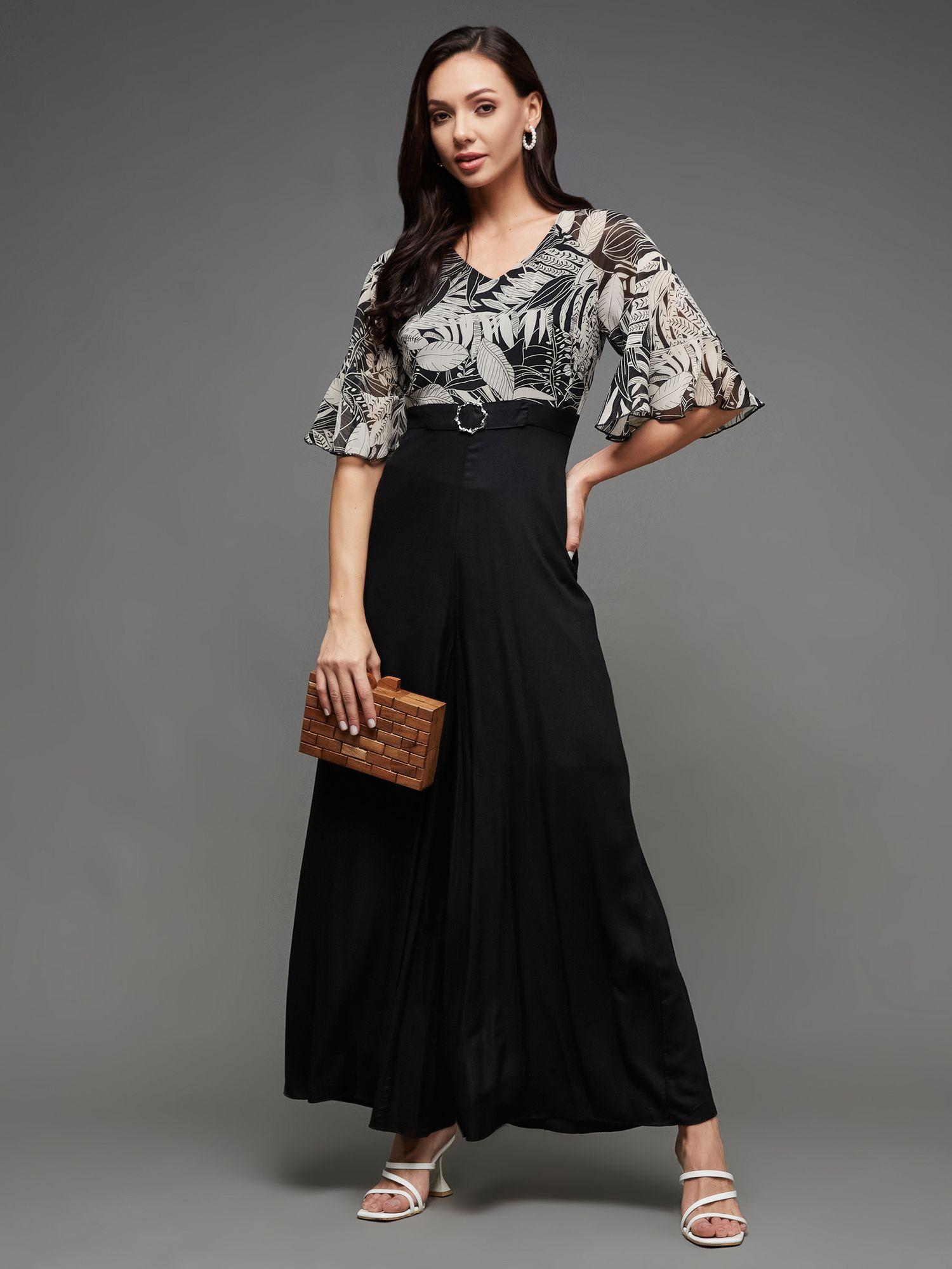 women's black v neck ruffled sleeve regular-length polyester printed jumpsuit