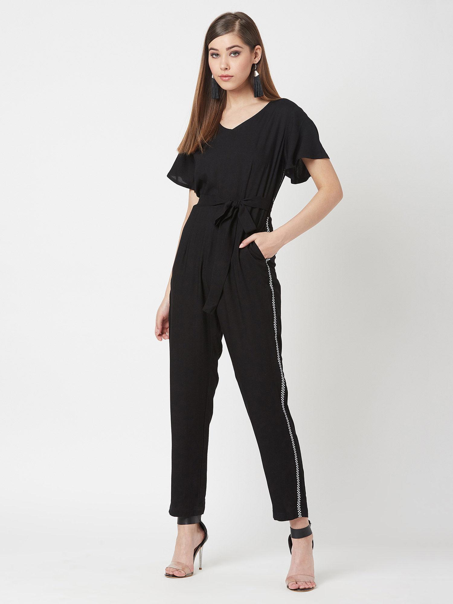 women's black v-neck short sleeves tie up jumpsuit