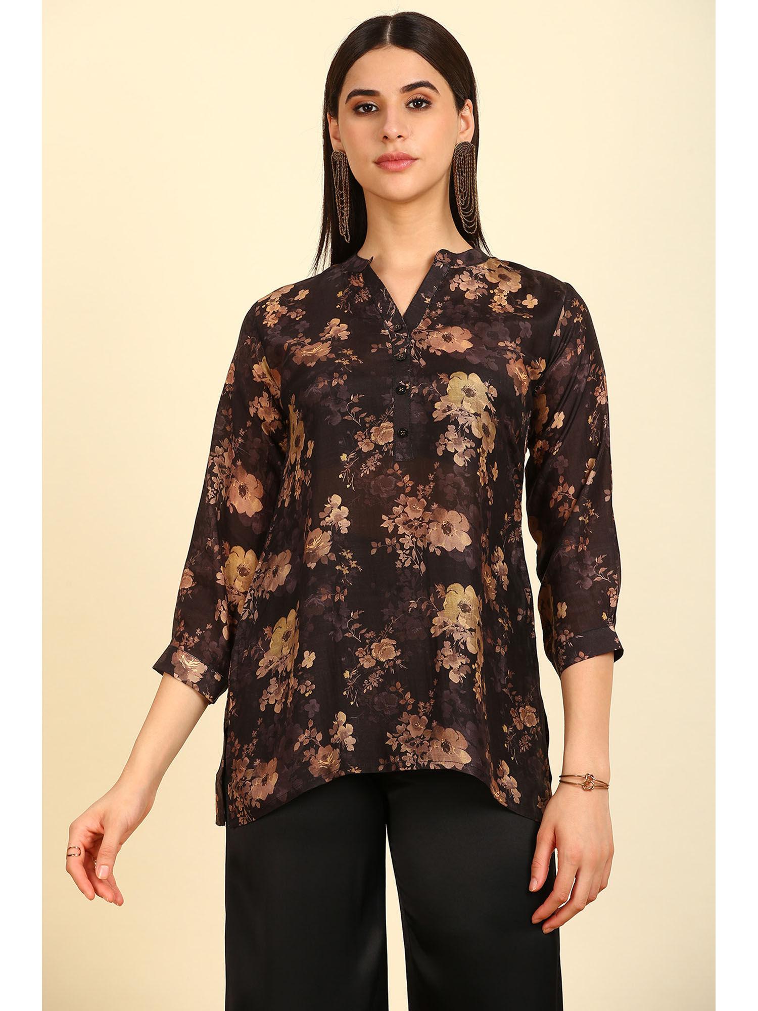 women's black viscose floral print tunic