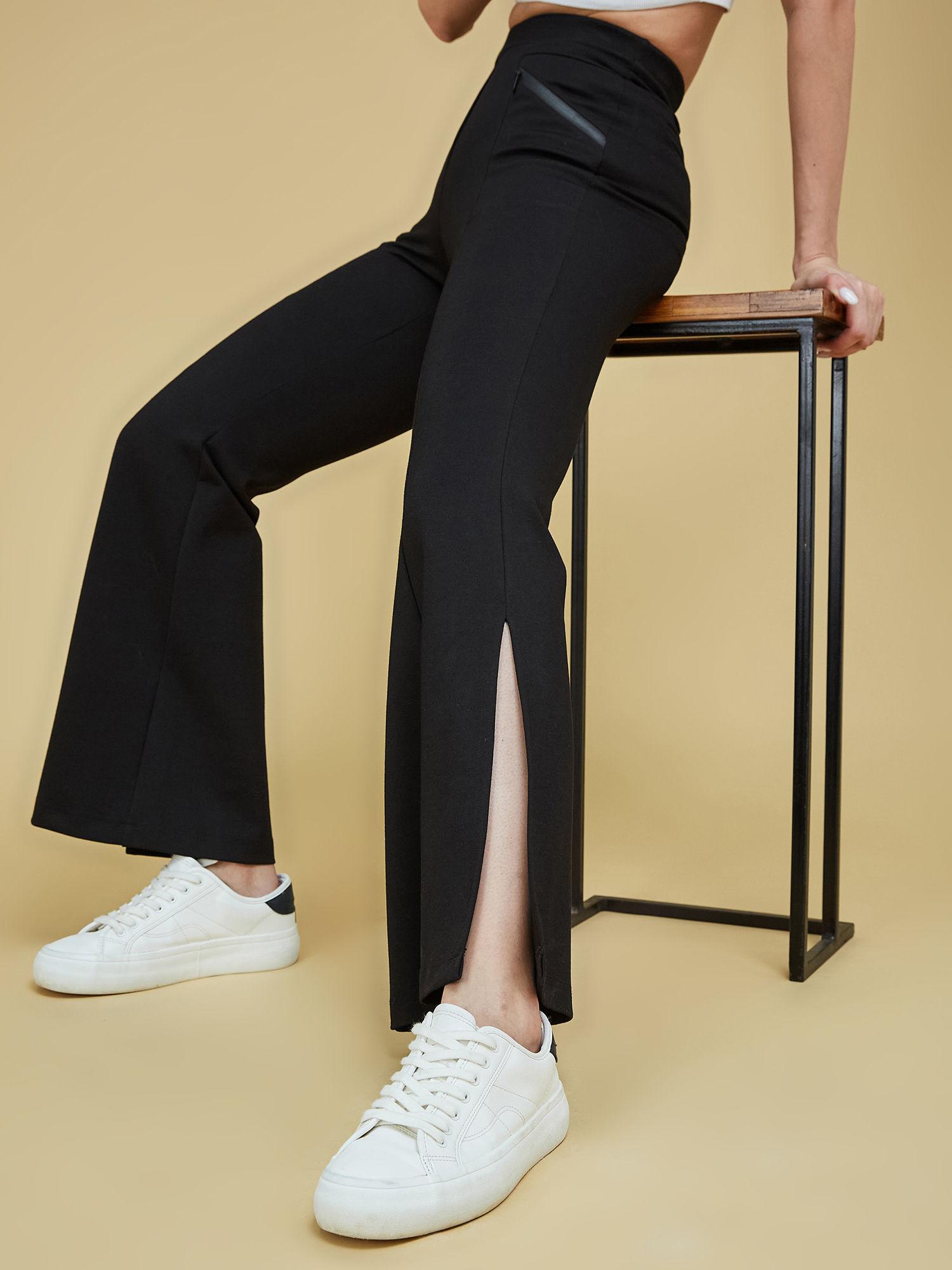 women's black viscose solid side slit bootcut regular trouser