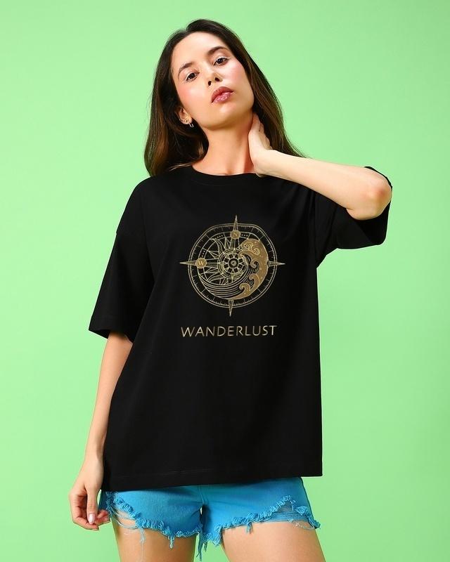 women's black wanderlust graphic printed oversized t-shirt