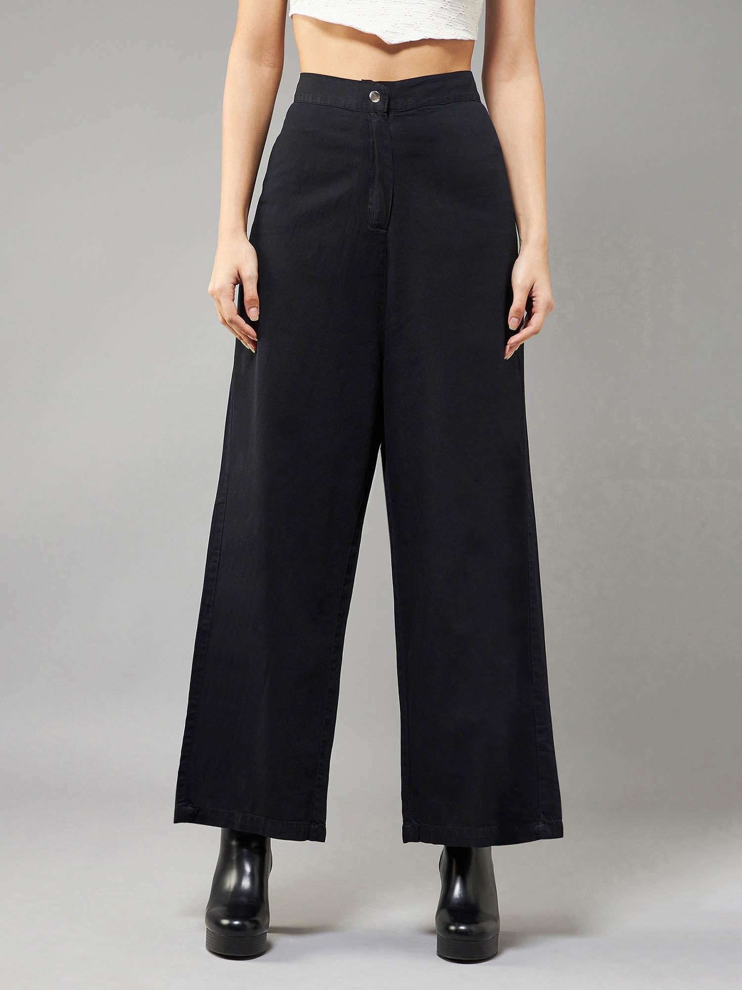 women's black wide-leg high rise clean look light weight denim pants