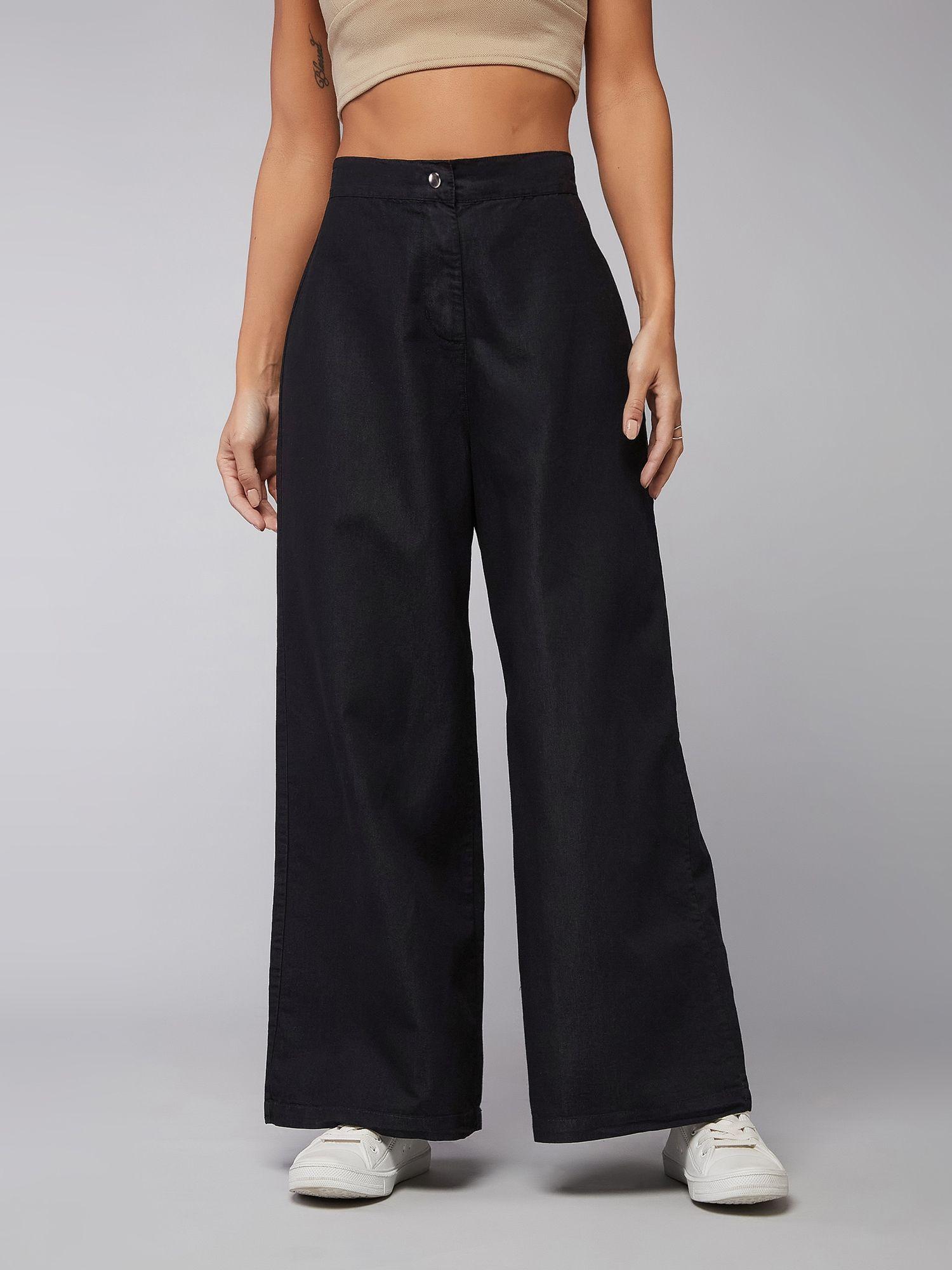 women's black wide-leg high rise clean look light weight denim pants