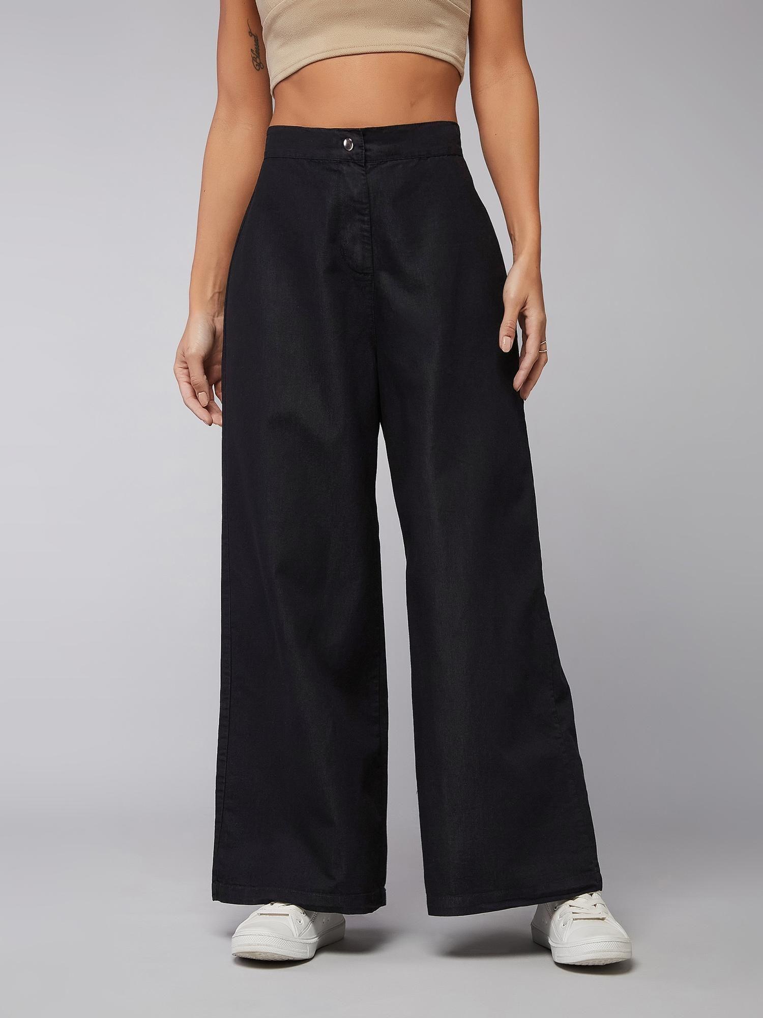 women's black wide-leg high rise clean look regular length denim pant