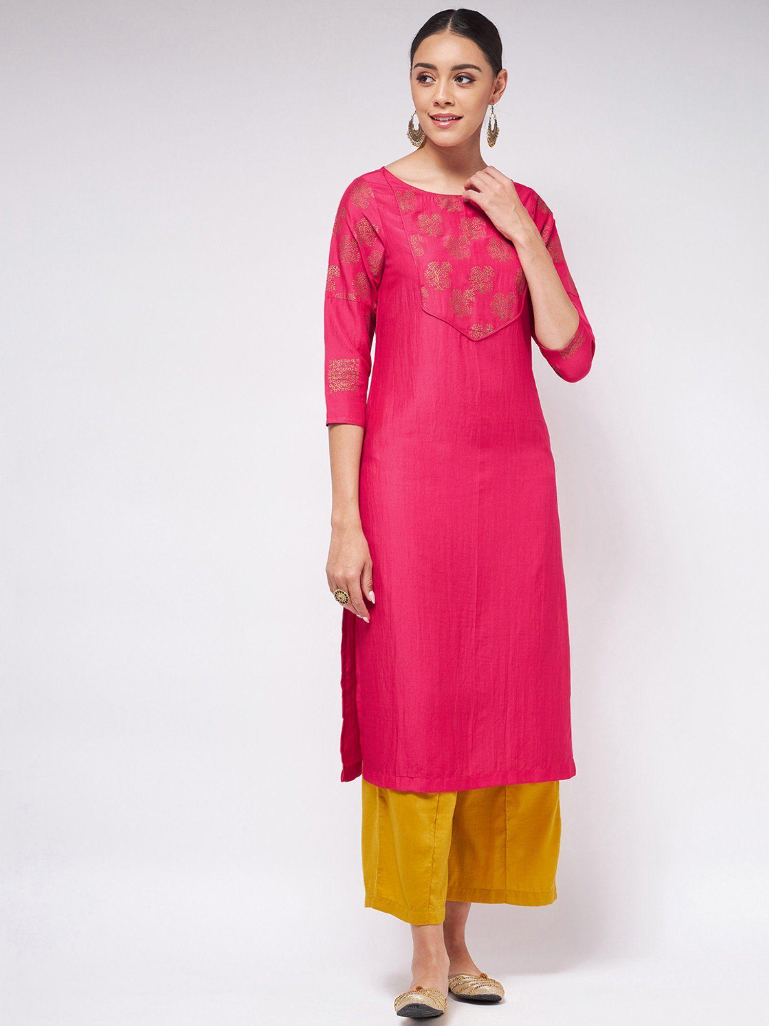 women's block printed yoke straight fit kurta