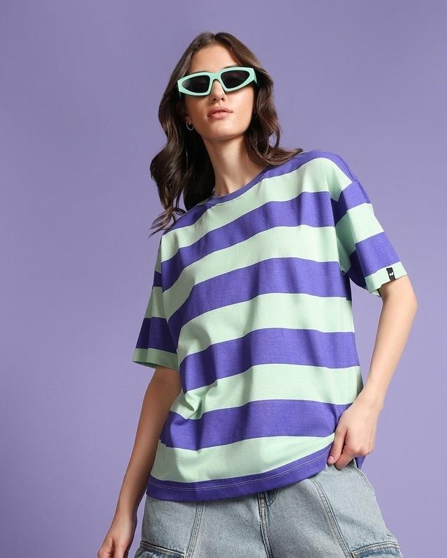 women's blue & green striped oversized t-shirt