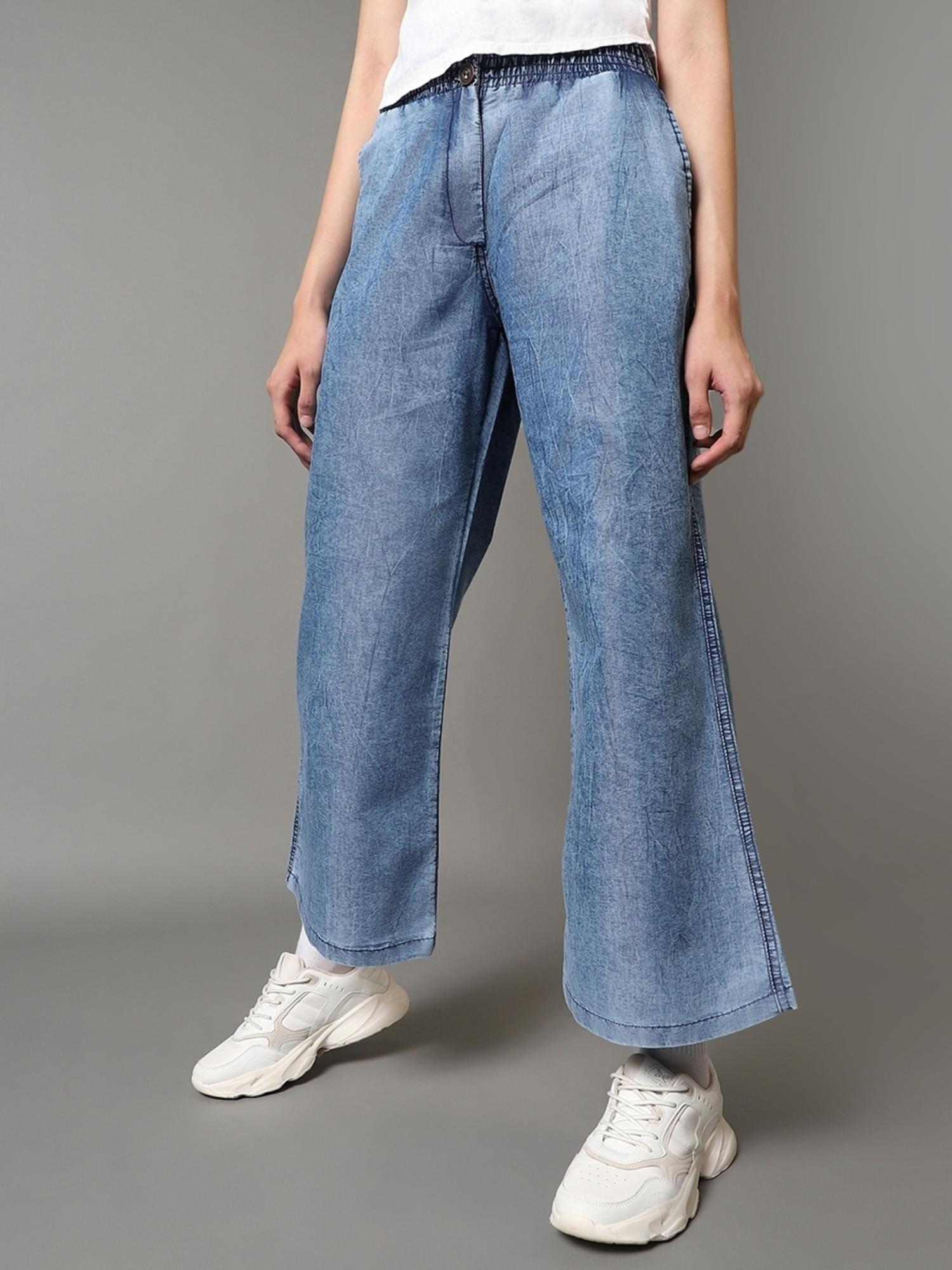 women's blue acid wash wide leg pants