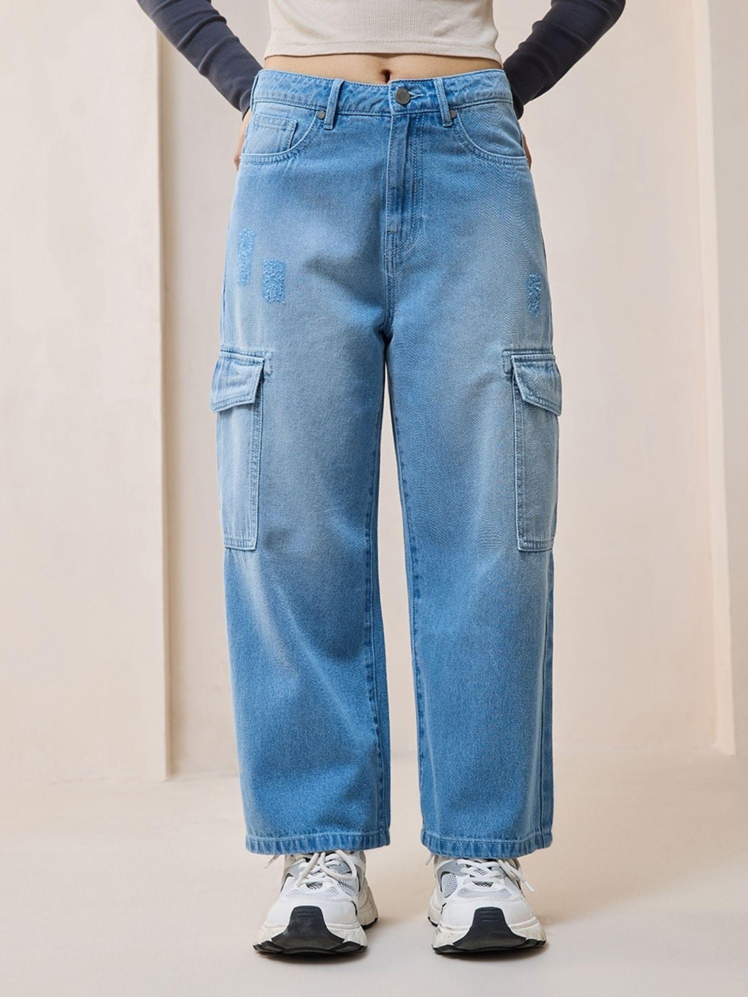 women's blue baggy straight fit cargo jeans