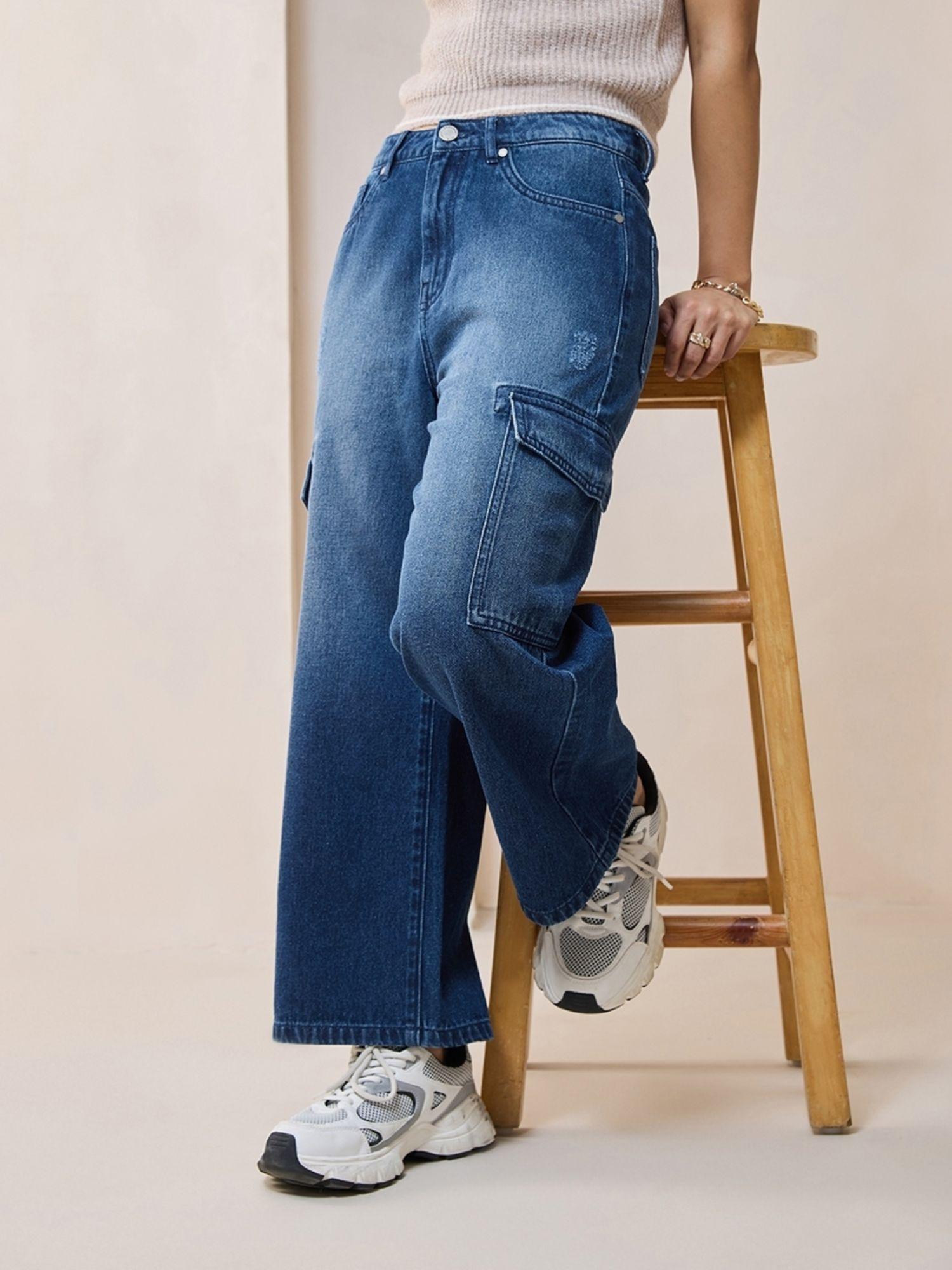 women's blue baggy straight fit cargo jeans