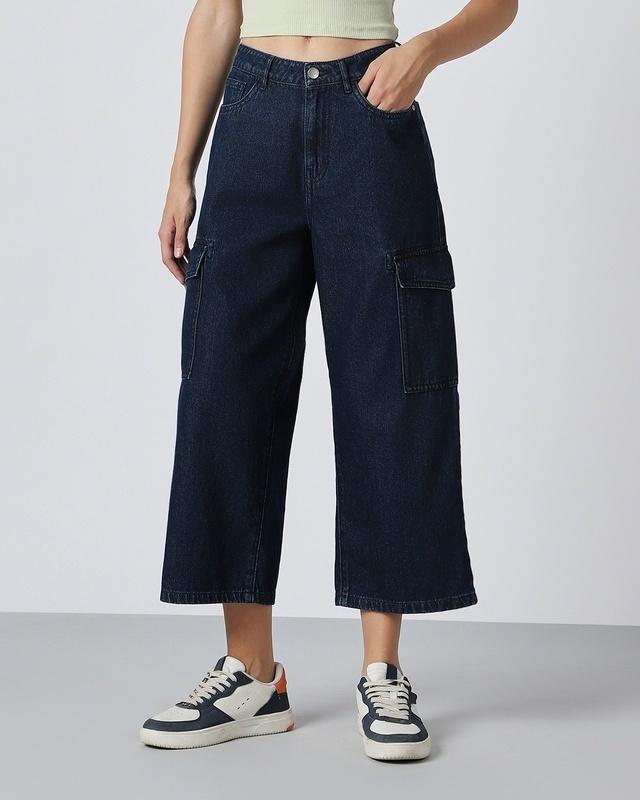 women's blue baggy stright fit cropped cargo jeans