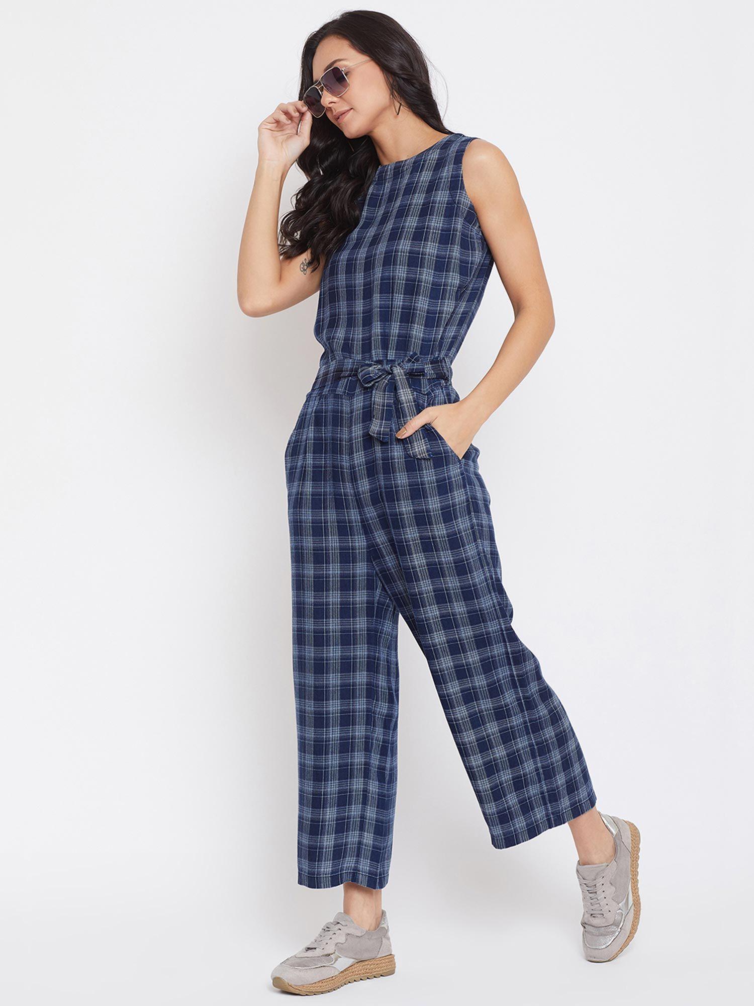 women's blue checks jumpsuits