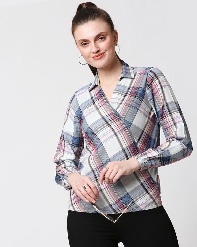 women's blue checks overlap shirt