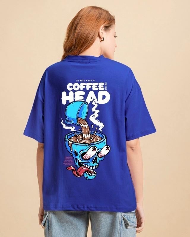 women's blue coffee head graphic printed oversized t-shirt