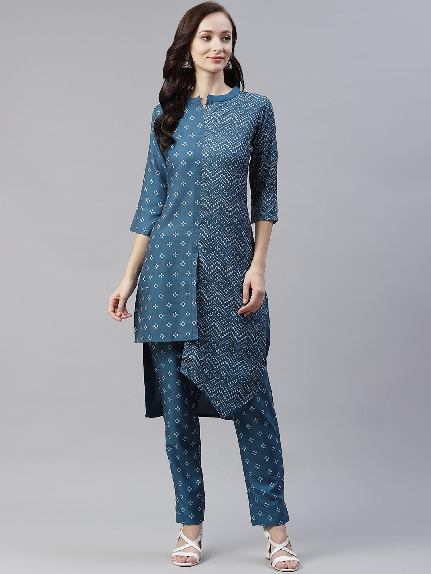 women's blue colour digital printed asymmetrical kurta