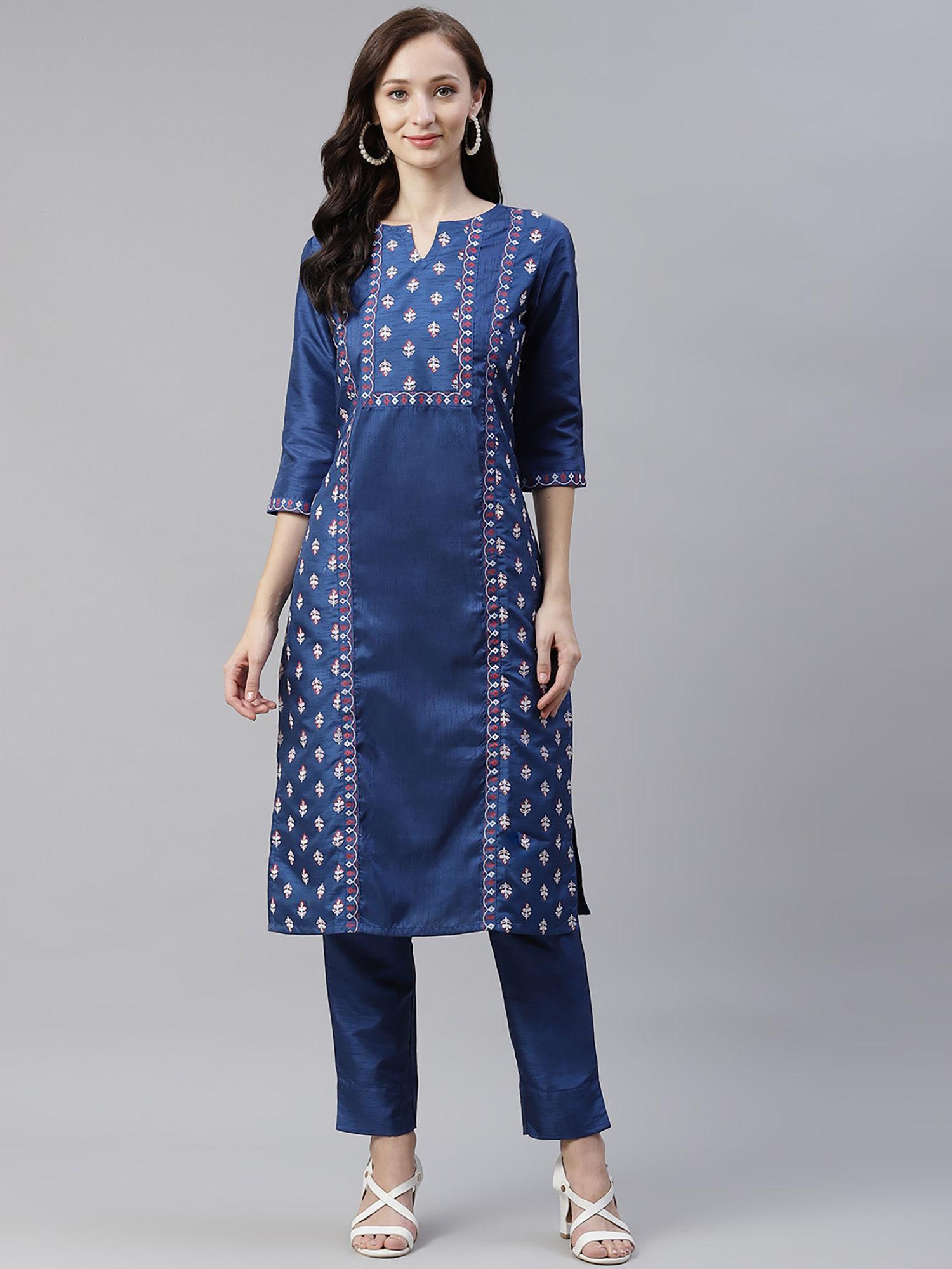 women's blue colour foil printed straight kurta