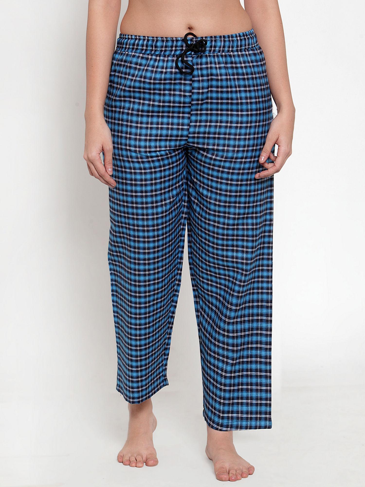 women's blue cotton checked pyjama