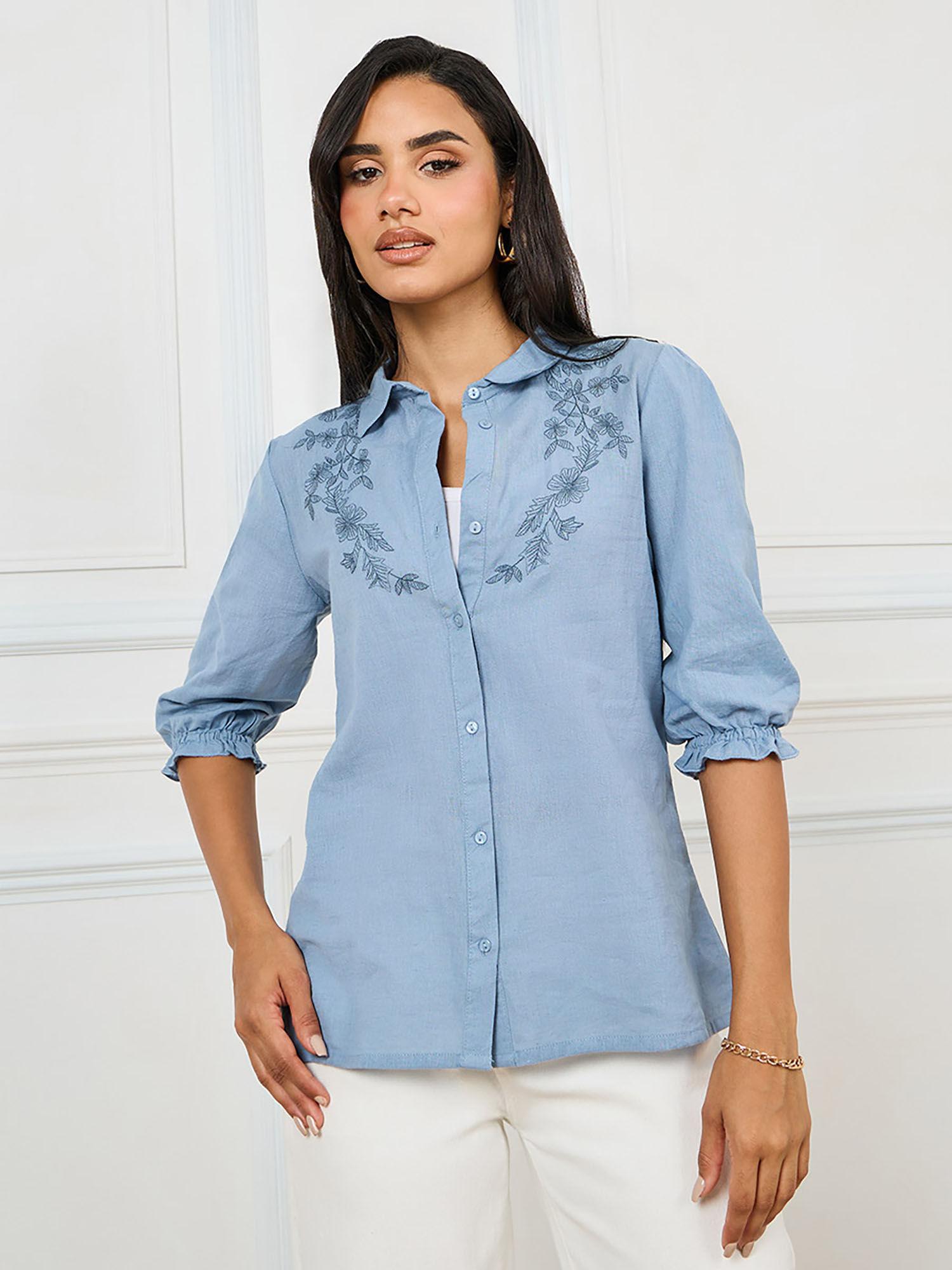 women's blue cotton embroidered three fourth sleeves shirt