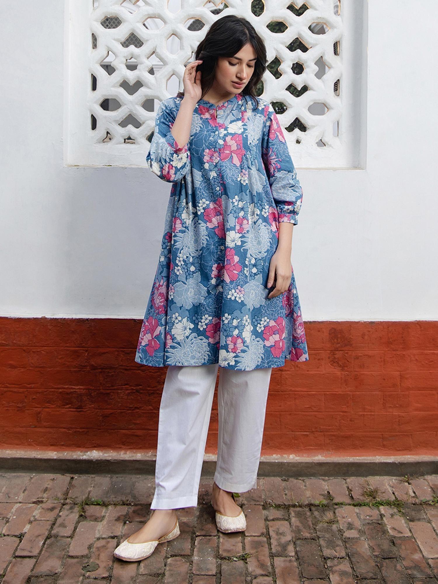 women's blue cotton floral a-line tunic