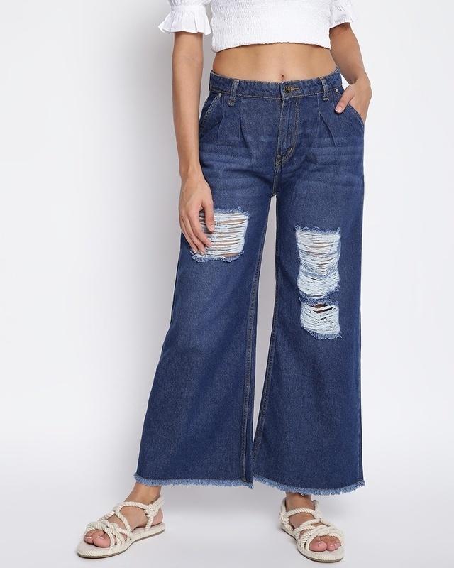 women's blue distressed wide leg jeans