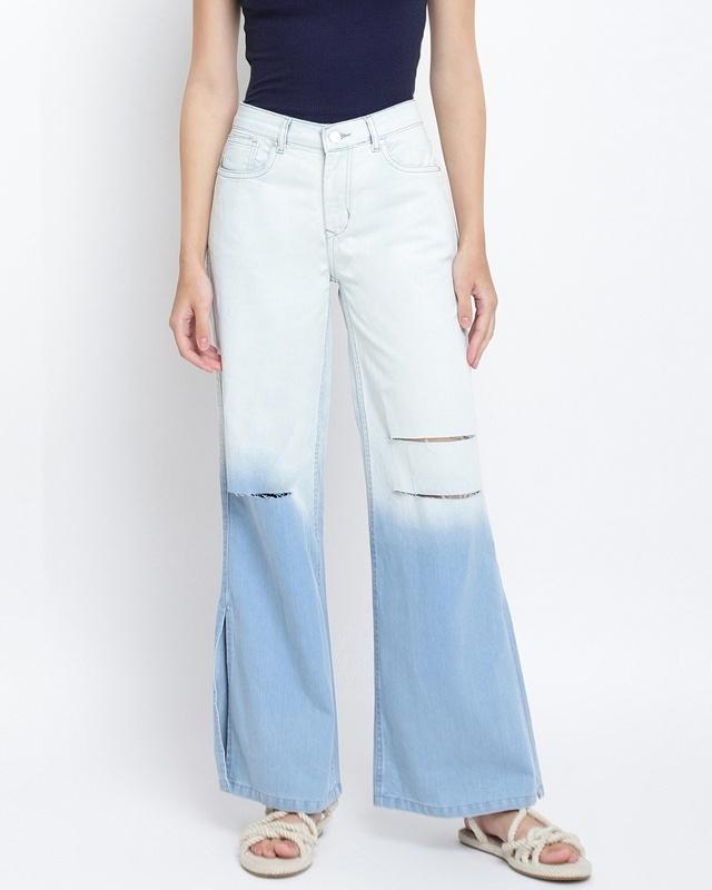 women's blue dyed flared jeans