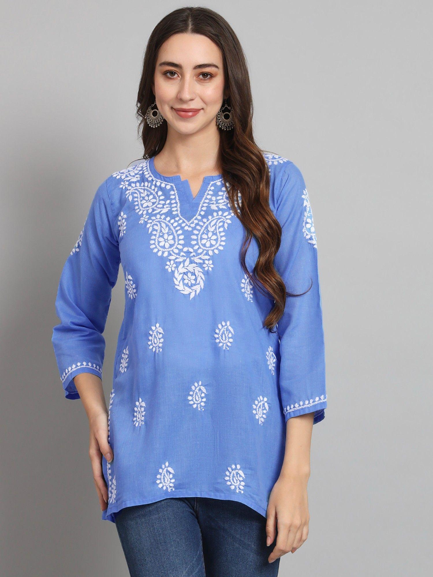 women's blue ethnic motifs hand embroidered chikankari cotton tunic