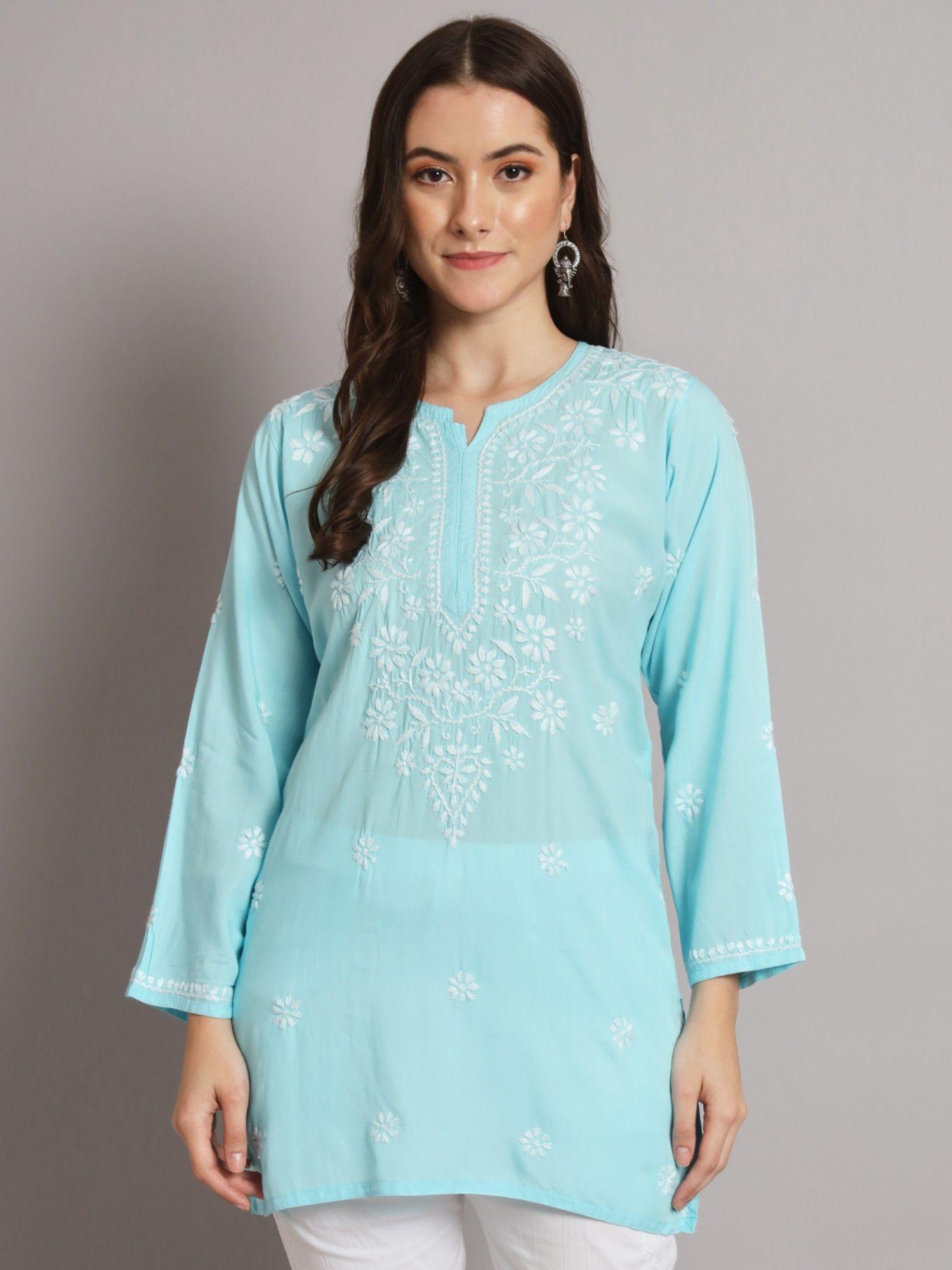 women's blue ethnic motifs hand embroidered chikankari modal tunic