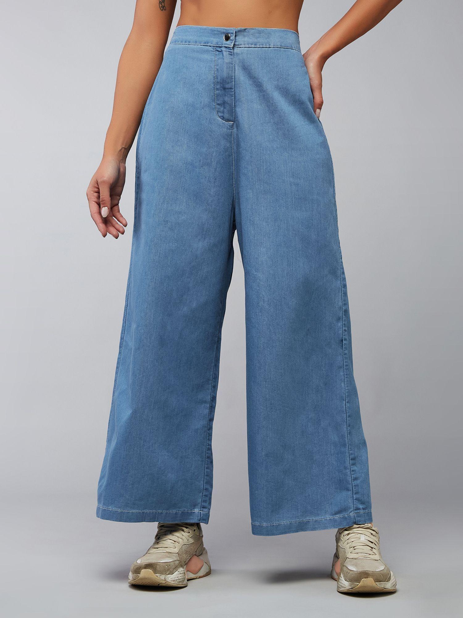 women's blue flared high rise clean look regular denim pants