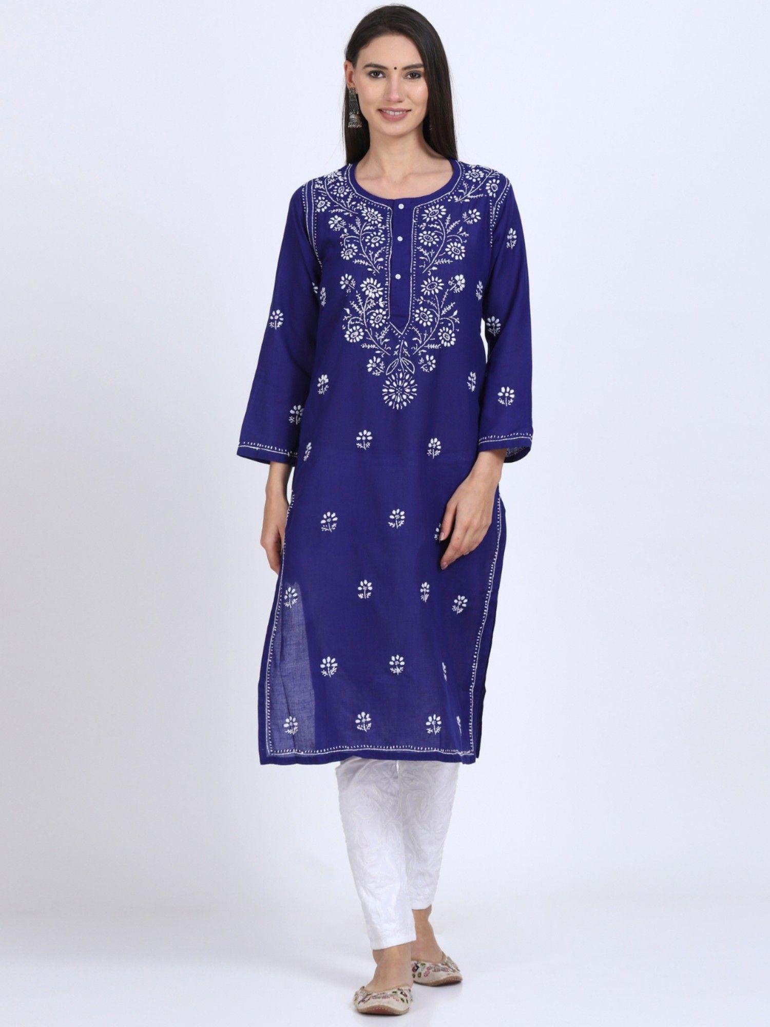 women's blue hand embroidered chikankari cotton straight kurta