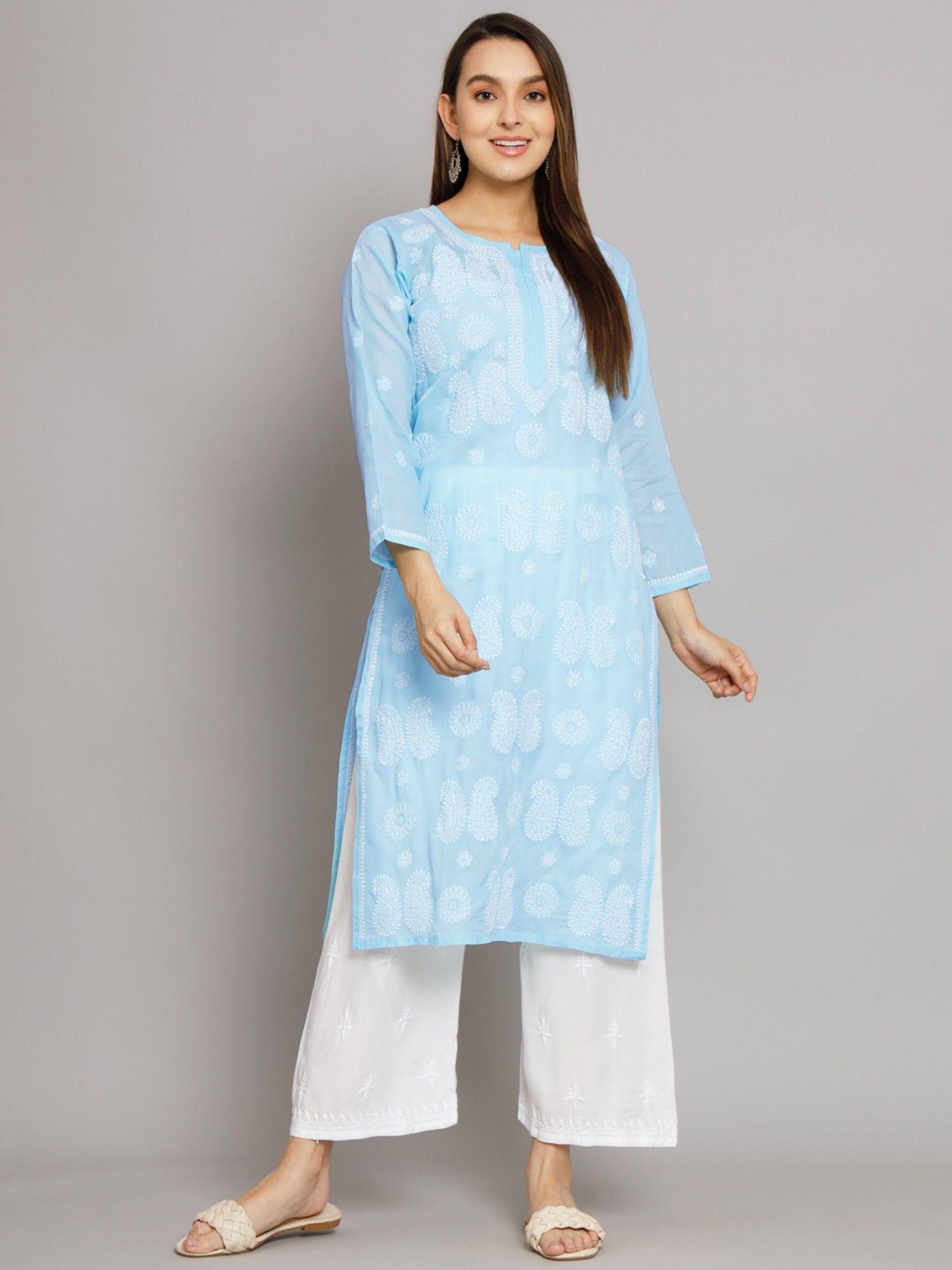 women's blue hand embroidered chikankari cotton straight kurta