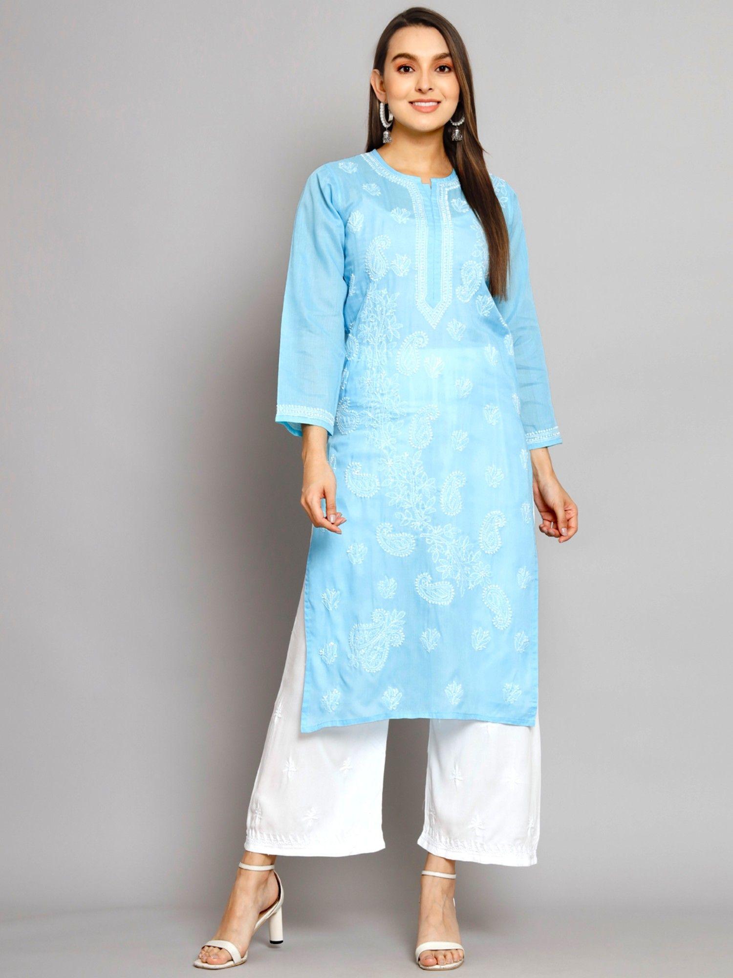 women's blue hand embroidered chikankari cotton straight kurta